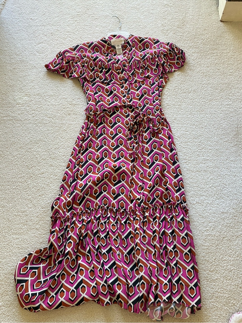 Geometric Pink Tiered Maxi Dress with Self-Tie Waist